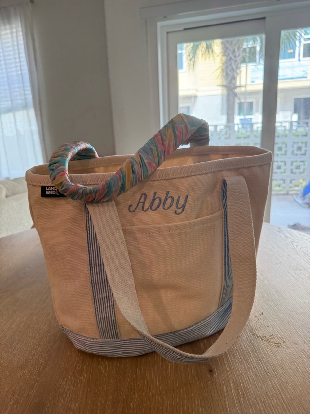 Lands' End Canvas Tote in Cream with Blue Trim and Multicolor Wrapped Handle